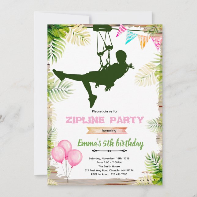 invitación de cumpleaños de niña en zipline (Anverso)