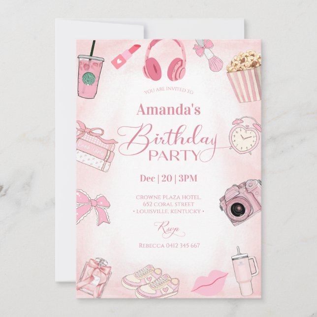 Invitación de cumpleaños de niña estética rosa (Anverso)