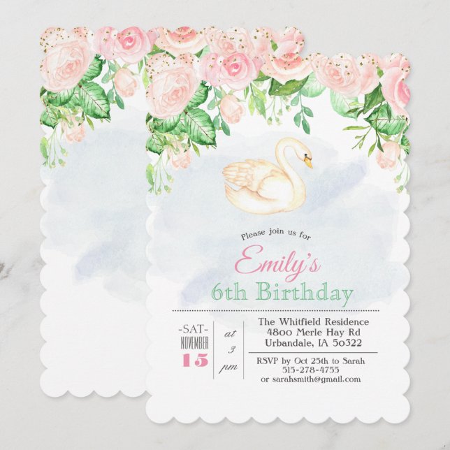 Invitación de cumpleaños de niña floral de cisne p (Anverso / Reverso)