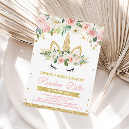 Invitación de Cumpleaños de Niña Floral Rosa Dorad