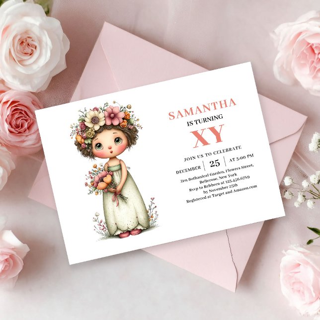 Invitación de cumpleaños de niña hada caprichosa c (Whimsical Fairy Girl Birthday Pastel Floral invitation)