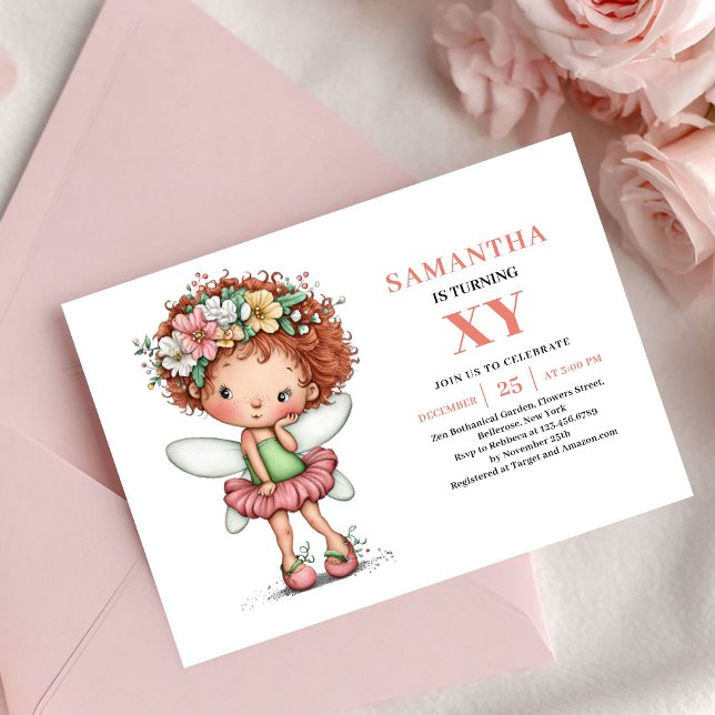 Invitación de cumpleaños de niña hada caprichosa p (Whimsy Fairy Girl Birthday Pastel Pink invitation)