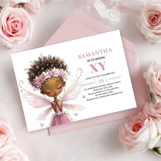 Invitación de cumpleaños de niña hada de piel negr (Whimsical Black Skin Fairy Girl Birthday Invite)