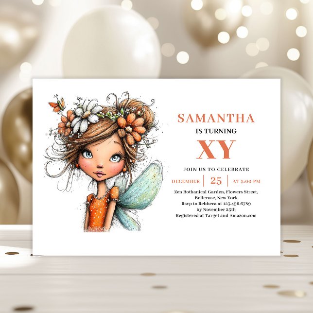 Invitación de cumpleaños de niña hada hermosa y ca (Whimsical Beautiful Fairy Girl Birthday Invitation)