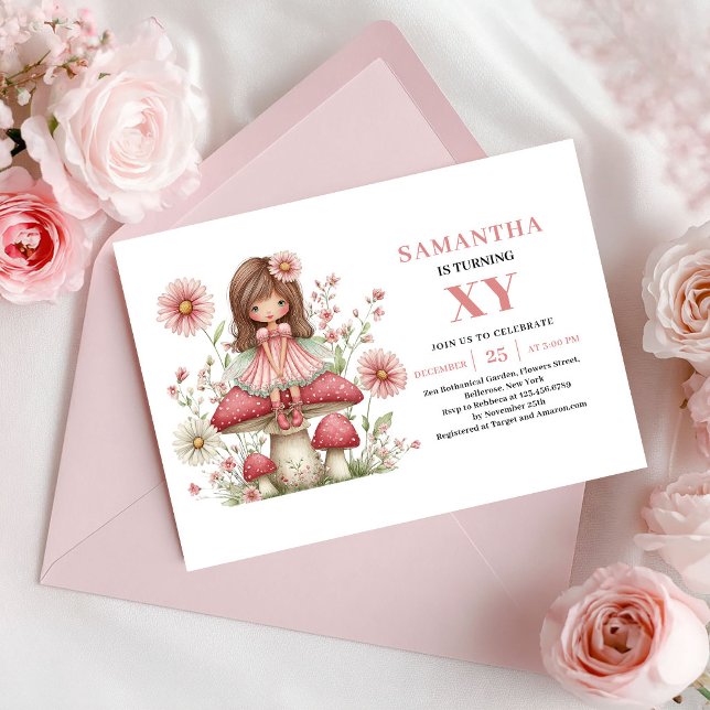 Invitación de Cumpleaños de Niña Hada Linda con Fl (Cute Fairy Girl Birthday Pink Flowers Invitation)