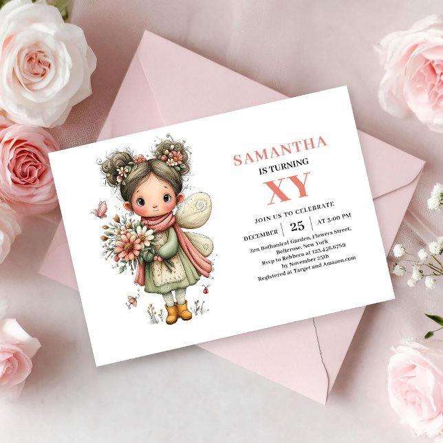 Invitación de cumpleaños de niña hada linda con ma (Cute Fairy Girl Birthday Pastel Pink Magic invitation)