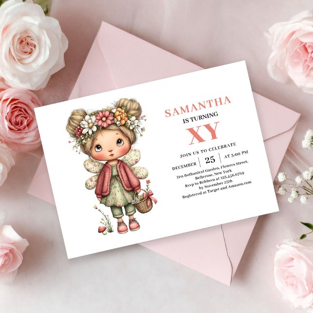 Invitación de cumpleaños de niña hada linda y capr (Whimsical Cute Fairy Girl Birthday Pink invitation)
