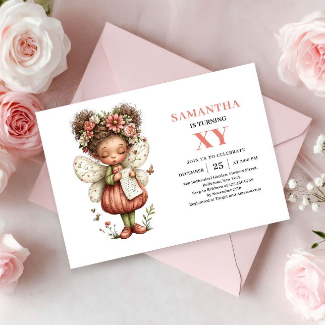 Invitación de cumpleaños de niña hada linda y capr (Whimsical Cute Fairy Girl Birthday Pink invitation)
