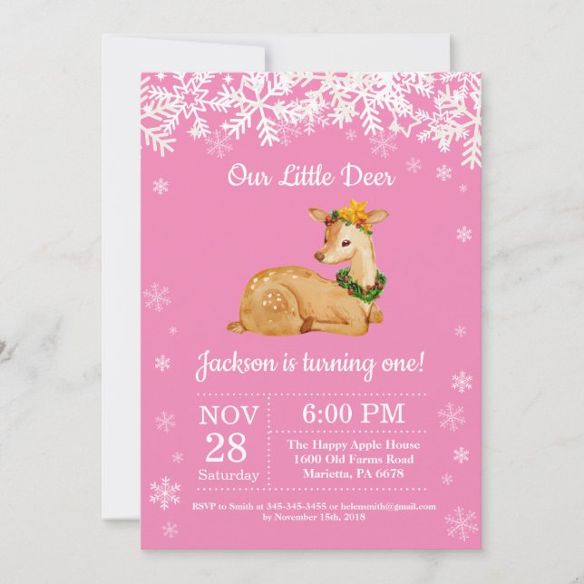 Invitación de cumpleaños de niña invierno ciervo (Anverso)