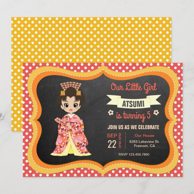 Invitación de cumpleaños de niña japonesa con kimo (Anverso / Reverso)