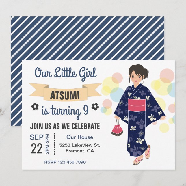 Invitación de cumpleaños de niña japonesa con kimo (Anverso / Reverso)