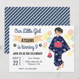 Invitación de cumpleaños de niña japonesa con kimo