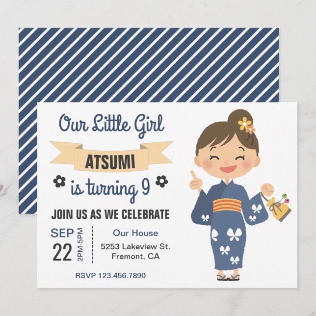 Invitación de cumpleaños de niña japonesa con kimo (Anverso / Reverso)