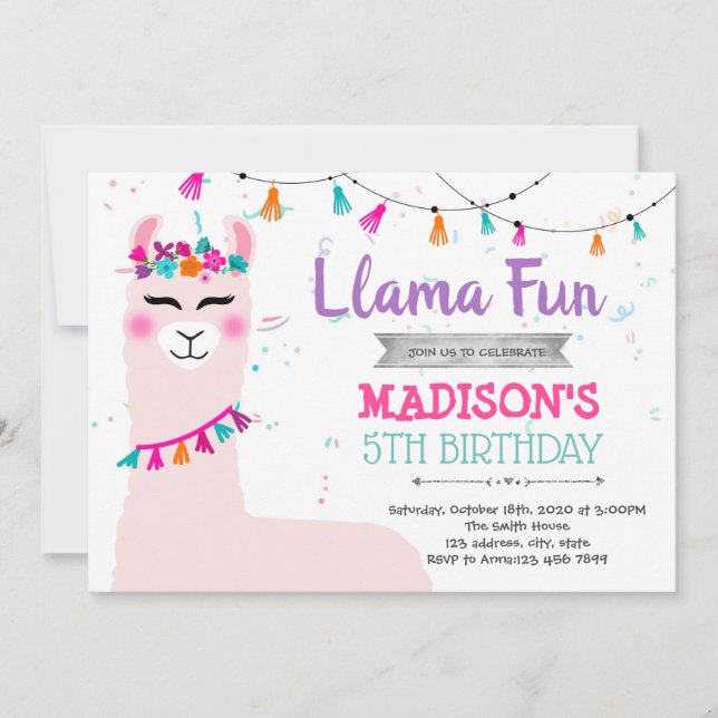 Invitación de cumpleaños de niña llama adorable (Anverso)