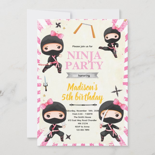 invitación de cumpleaños de niña ninja (Anverso)