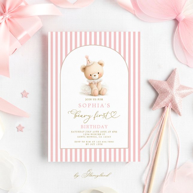 Invitación de cumpleaños de niña oso vintage (Subido por el creador)