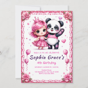 Invitación de cumpleaños de niña panda rosa linda