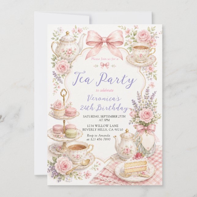Invitación de cumpleaños de niña para fiesta de té (Anverso)