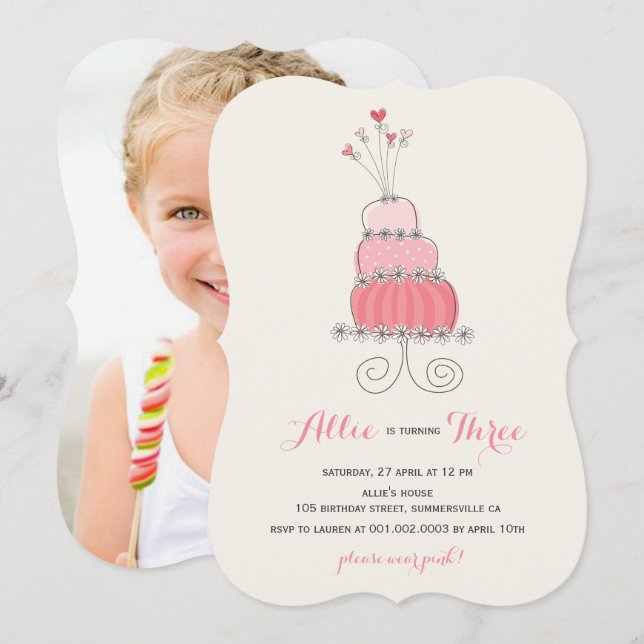 Invitación de cumpleaños de niña para pastel de ro (Anverso / Reverso)