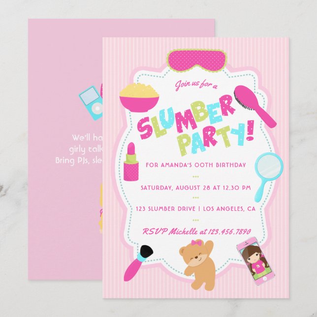 Invitación de cumpleaños de niña para pijamada (Anverso / Reverso)