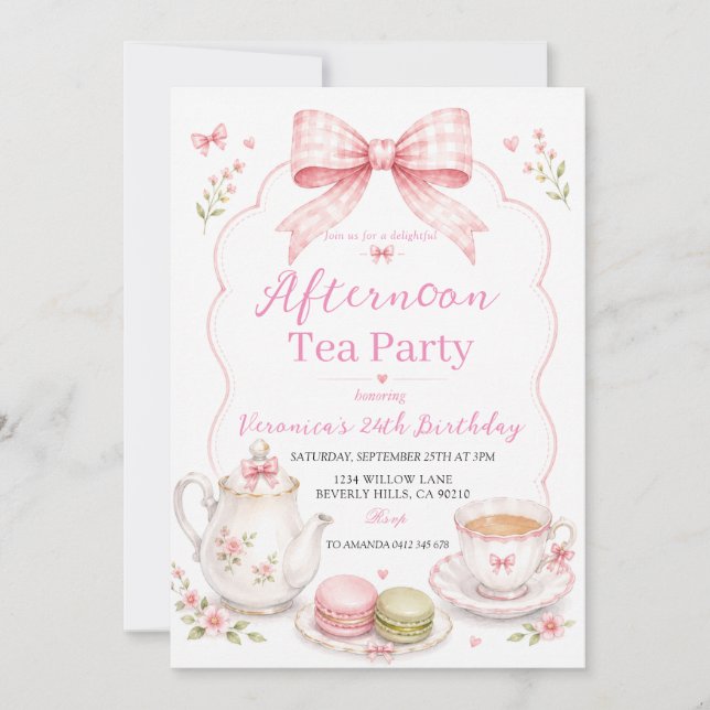 Invitación de cumpleaños de niña para té de la tar (Anverso)