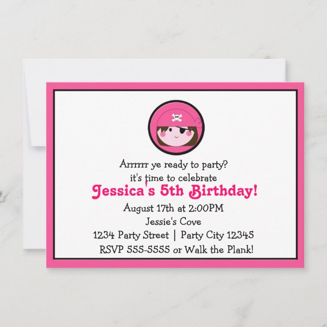 Invitación de cumpleaños de niña pirata rosa cabel (Anverso)