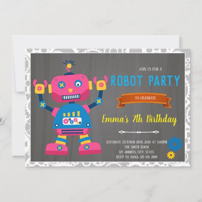Invitación de cumpleaños de niña robot (Anverso)