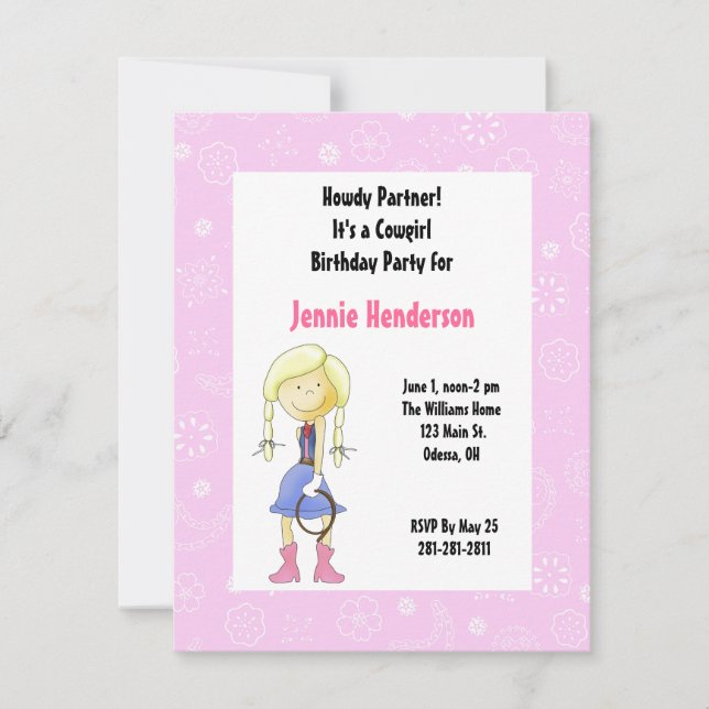 Invitación de cumpleaños de niña rosa (Anverso)