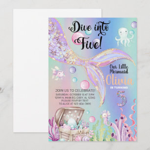 Invitación de cumpleaños de niña sirena acuarela y