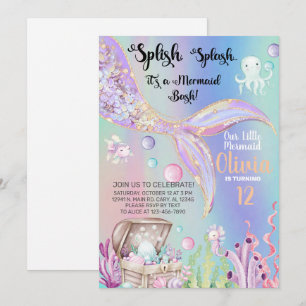 Invitación de cumpleaños de niña sirena acuarela y