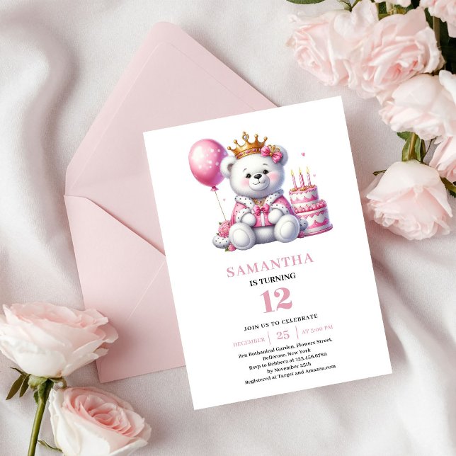 Invitación de cumpleaños de niña tema osito de pel (Girl Birthday Invite Teddy Bear Pink Ivory Theme)