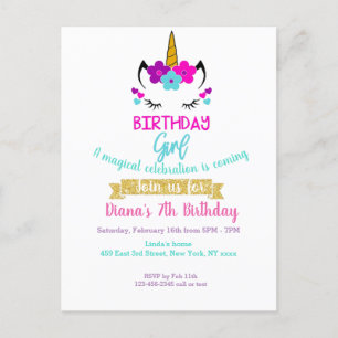 Invitación de cumpleaños de niña tema unicornio 