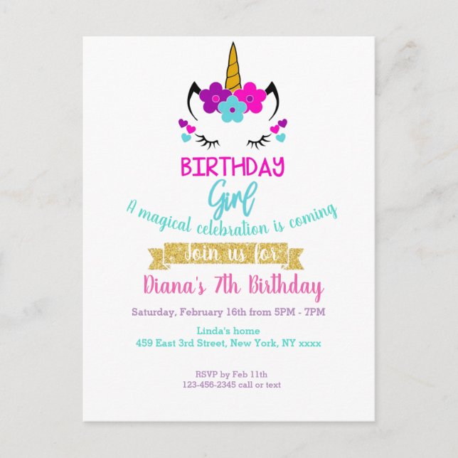 Invitación de cumpleaños de niña tema unicornio (Anverso)