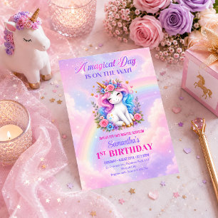 Invitación de cumpleaños de niña unicornio lindo a
