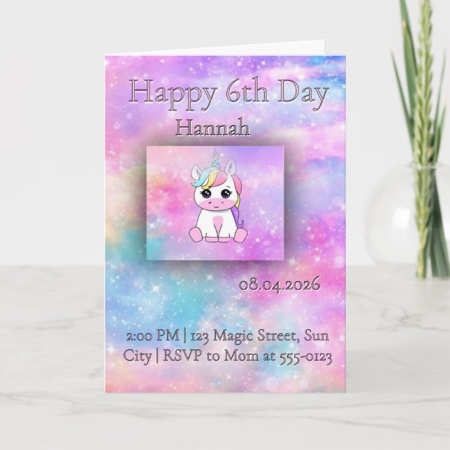 Invitación de cumpleaños de niña unicornio mágica (Anverso)