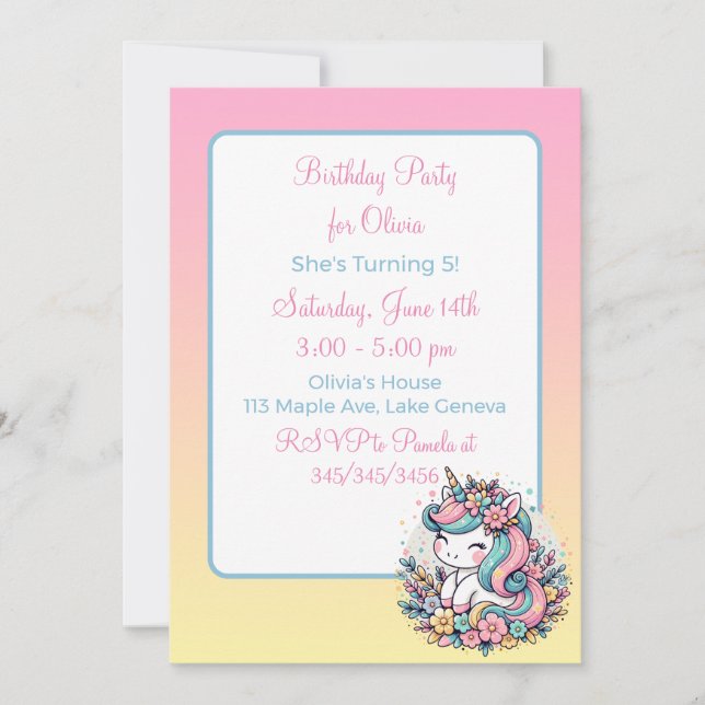 Invitación de cumpleaños de niña unicornio rosa li (Anverso)
