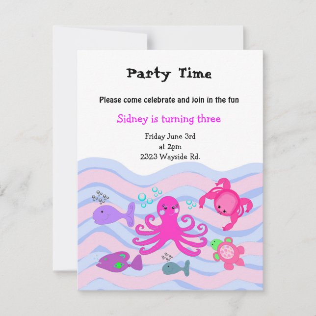 Invitación de cumpleaños de niñas bajo el mar (Anverso)