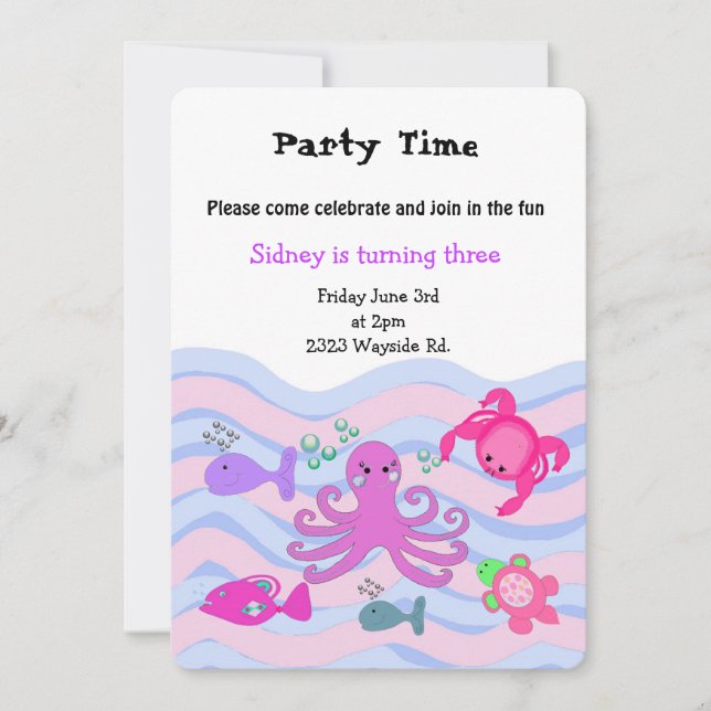 Invitación de cumpleaños de niñas bajo el mar (Anverso)