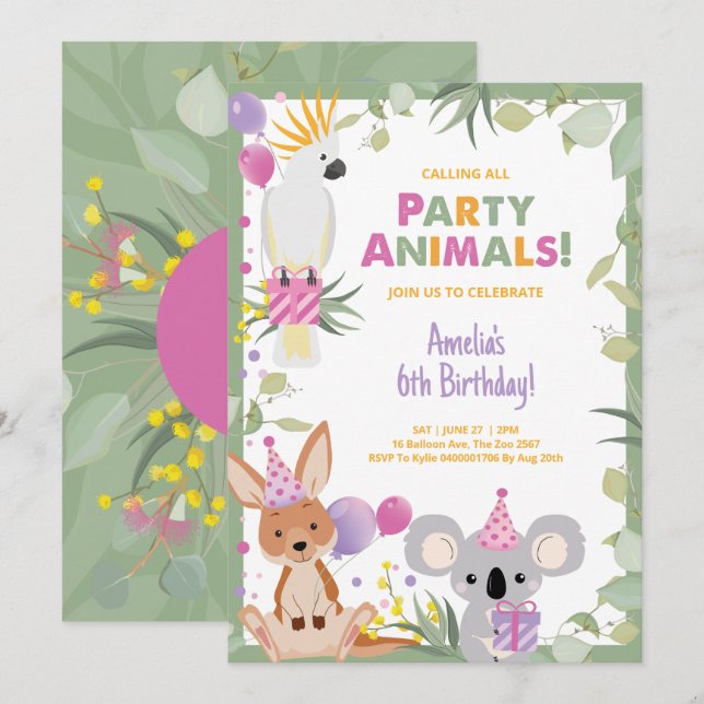 Invitación de cumpleaños de niñas con animales aus (Anverso / Reverso)