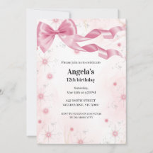 Invitación de cumpleaños de niñas con lazo rosa