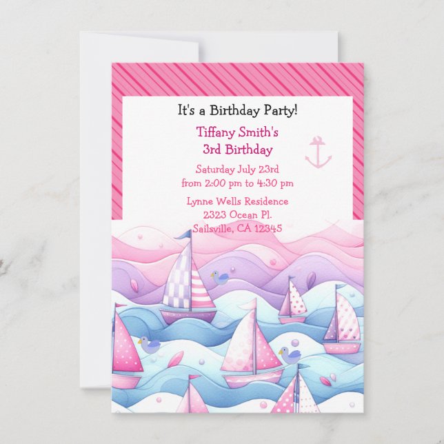 Invitación de cumpleaños de niñas de barco de vela (Anverso)