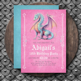 Invitación de cumpleaños de niñas Dragón Rosa Aqua