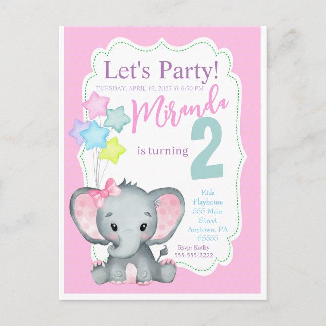 Invitación de cumpleaños de niñas elefante rosa (Anverso)