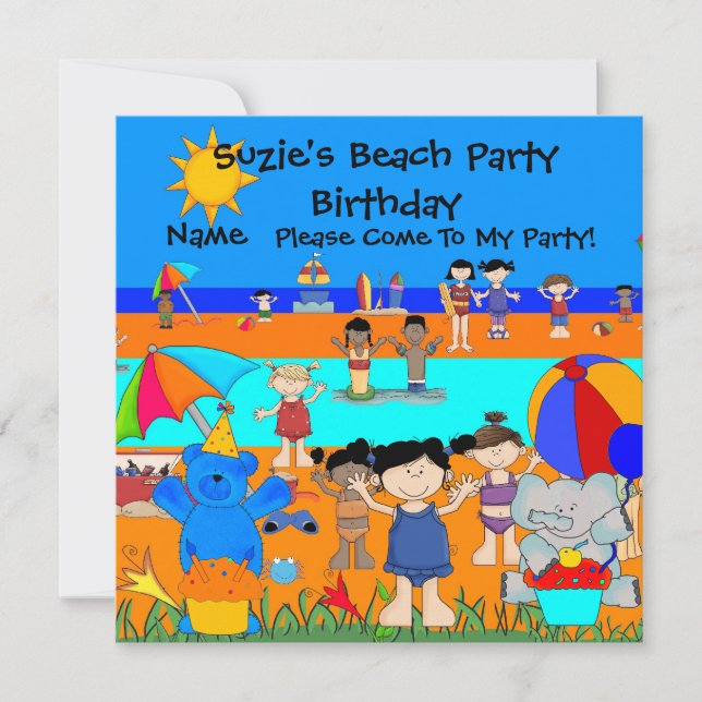 Invitación de cumpleaños de niñas en la playa para (Anverso)