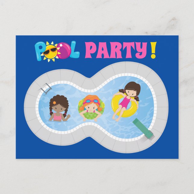 Invitación de cumpleaños de niñas nadadoras para f (Anverso)