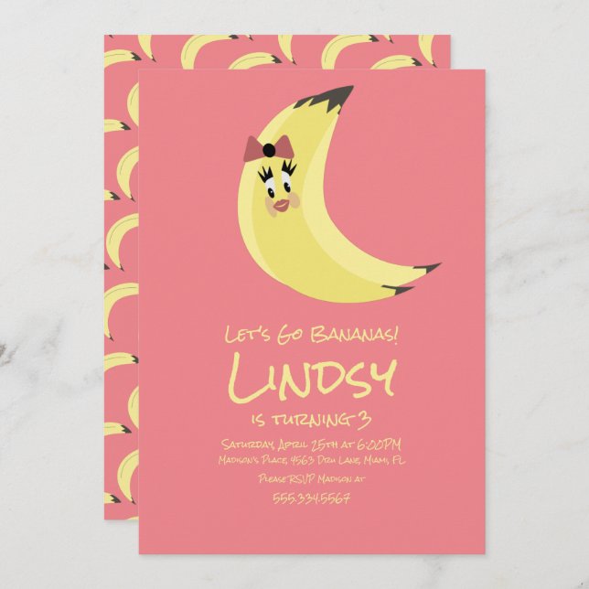 Invitación de cumpleaños de niñas rosa plátano lin (Anverso / Reverso)
