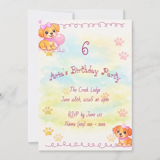 Invitación de cumpleaños de niñas tema cachorro (Anverso)