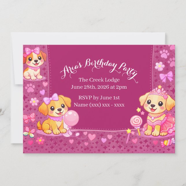 Invitación de cumpleaños de niñas tema cachorro (Anverso)