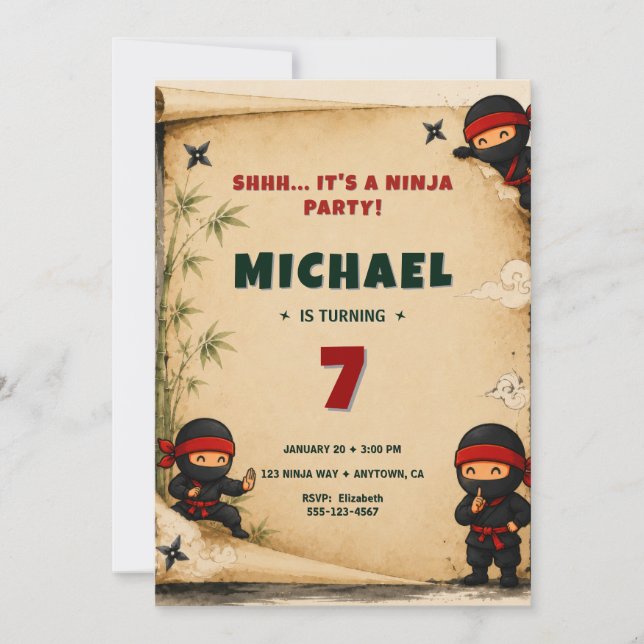 Invitación de cumpleaños de Ninja adorable (Anverso)