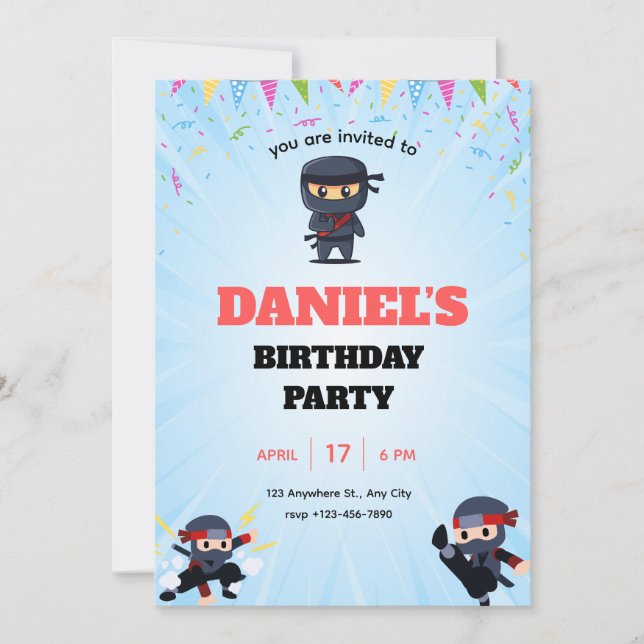 Invitación de cumpleaños de Ninja para niños, (Anverso)